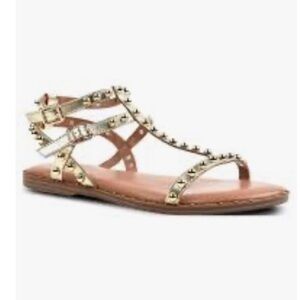 Studded T-Strap Gladiator Sandals in Metallic Gold